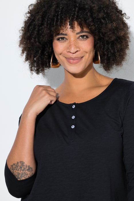 T-shirt, trapezowy krój, henley, zapięcie na guziki, rękaw 3/4