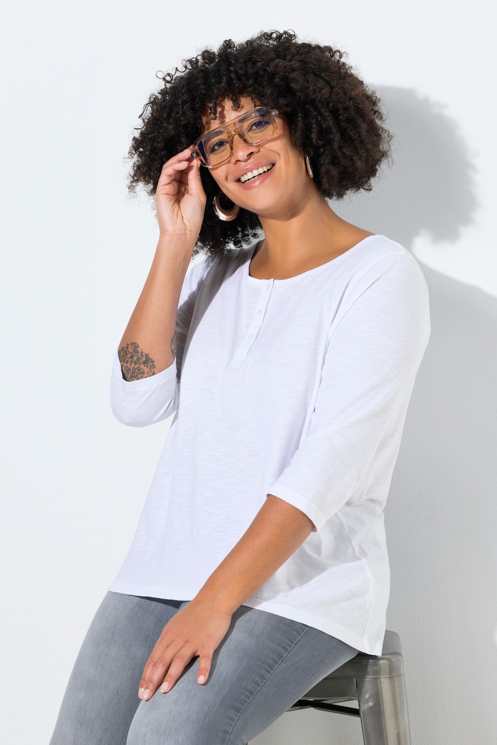 T-Shirt, A-Linie, Henley, Knopfleiste, 3/4-Ärmel