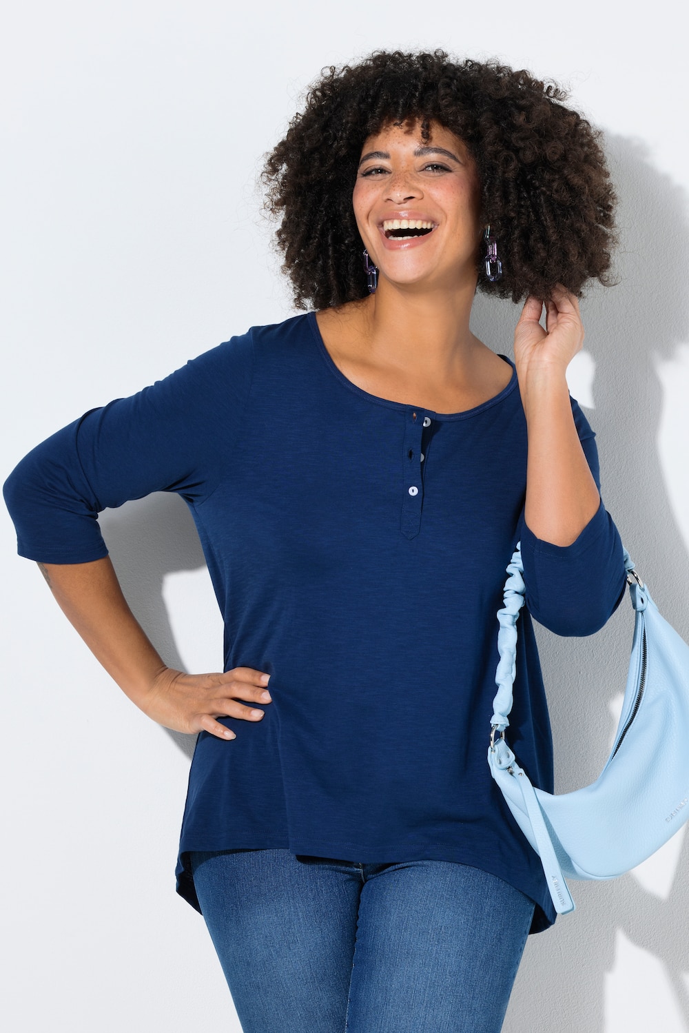 T-shirt, A-lijn, Henley, knoopsluiting, 3/4-mouwen