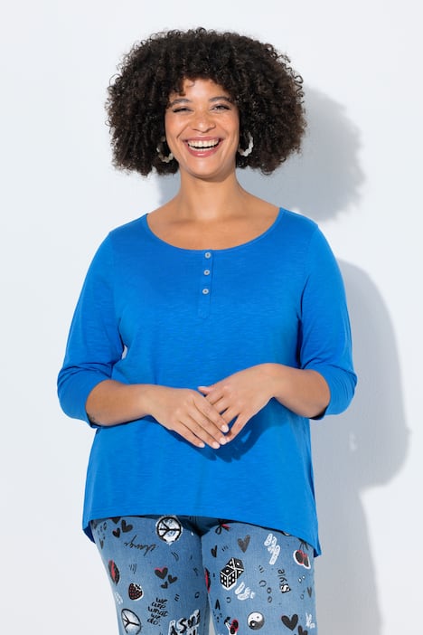 T-shirt, trapezowy krój, henley, zapięcie na guziki, rękaw 3/4