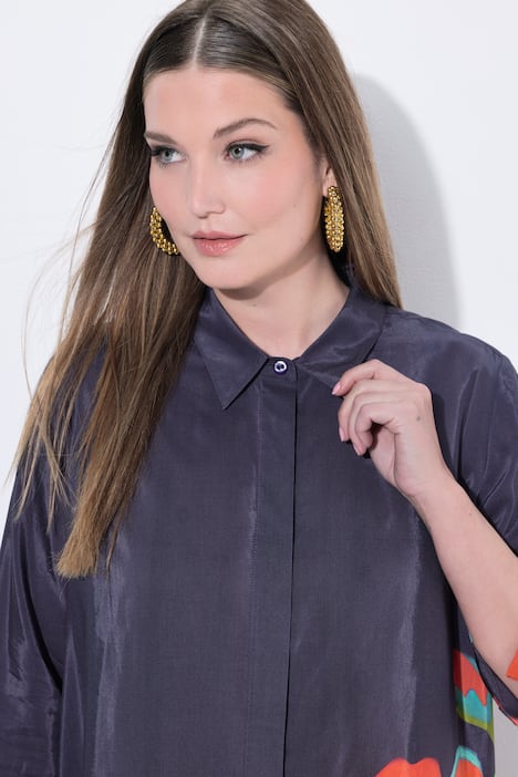 Chemisier motif à fleurs, col chemise et manches 3/4, coupe évasée