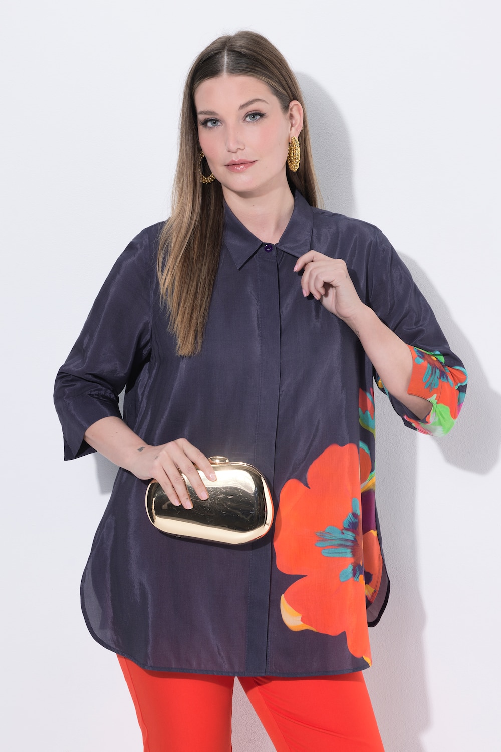 Hemdbluse, Blüten, A-Linie, Hemdkragen, 3/4-Arm