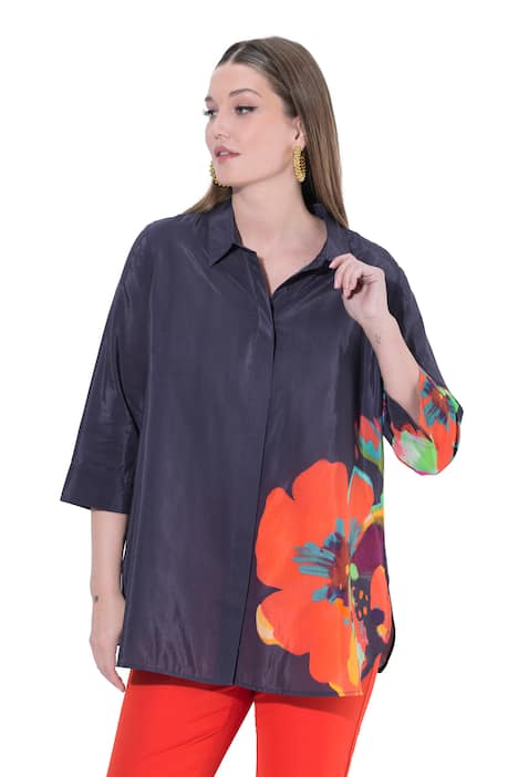 Halenka, květiny, áčkový střih, košilový límec, 3/4 rukávy