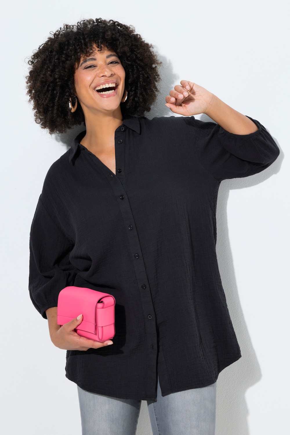 Hemdbluse, oversized, Musselin, 3/4-Ärmel