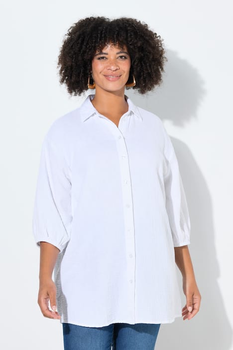 Hemdbluse, oversized, Musselin, 3/4-Ärmel