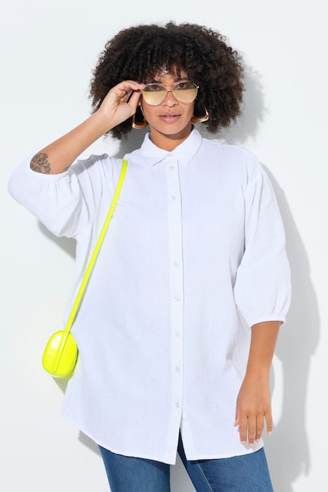 Hemdbluse, oversized, Musselin, 3/4-Ärmel