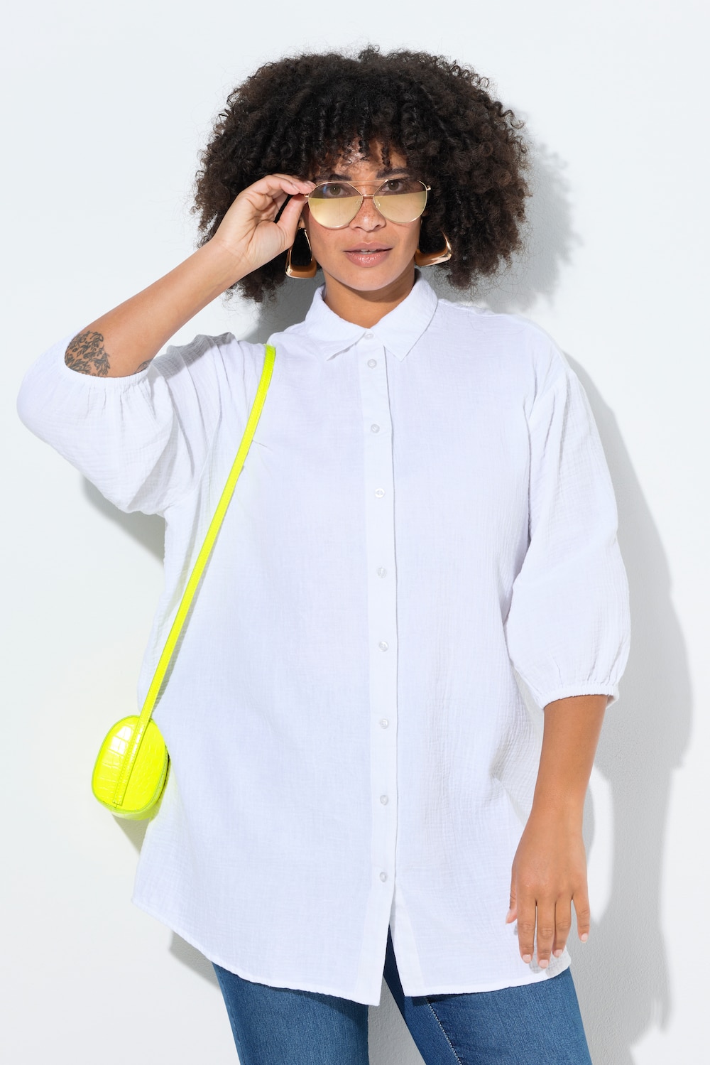 Hemdbluse, oversized, Musselin, 3/4-Ärmel