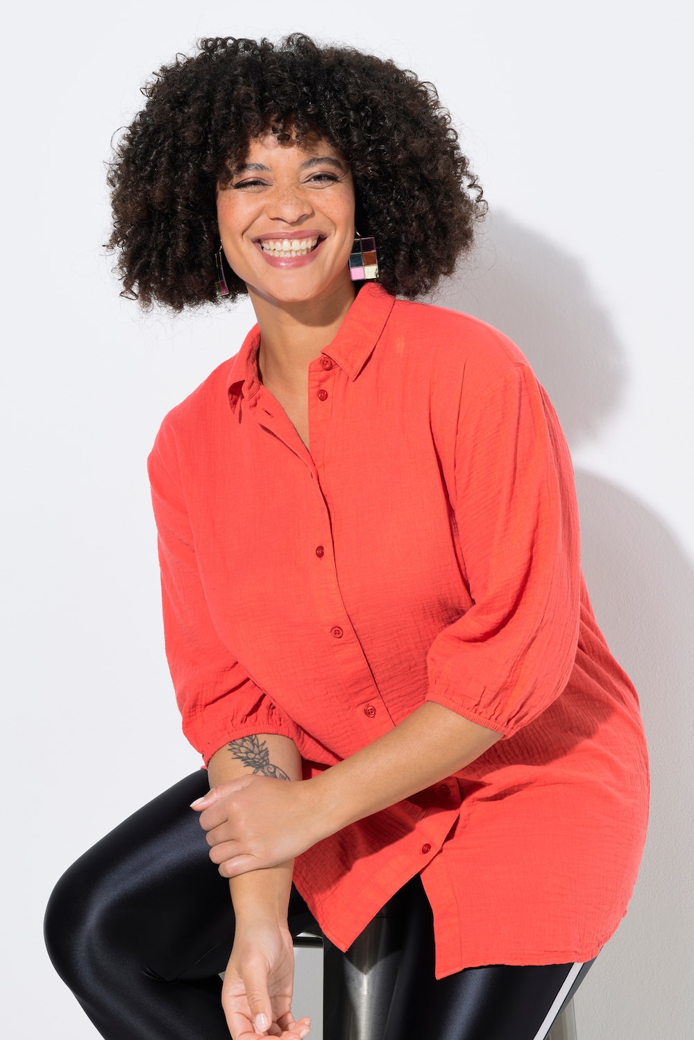 Hemdbluse, oversized, Musselin, 3/4-Ärmel