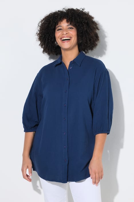 Hemdbluse, oversized, Musselin, 3/4-Ärmel