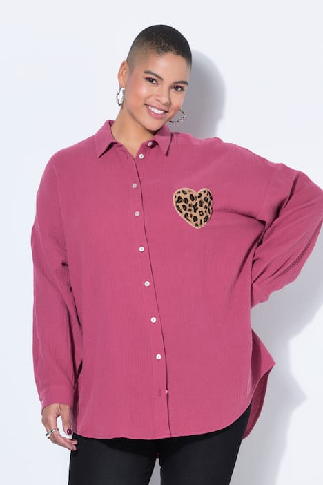 Hemdbluse, oversized, Musselin, Heart-Patch
