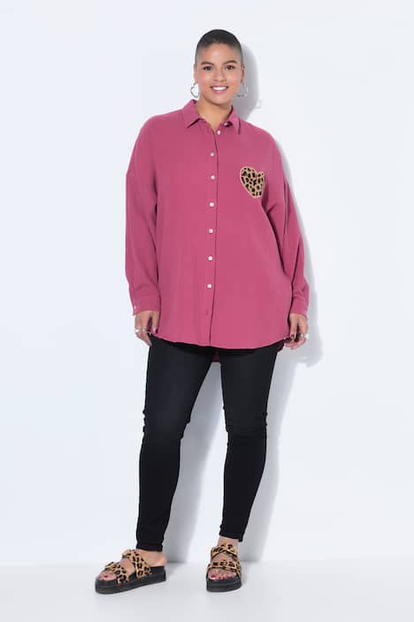 Hemdbluse, oversized, Musselin, Heart-Patch
