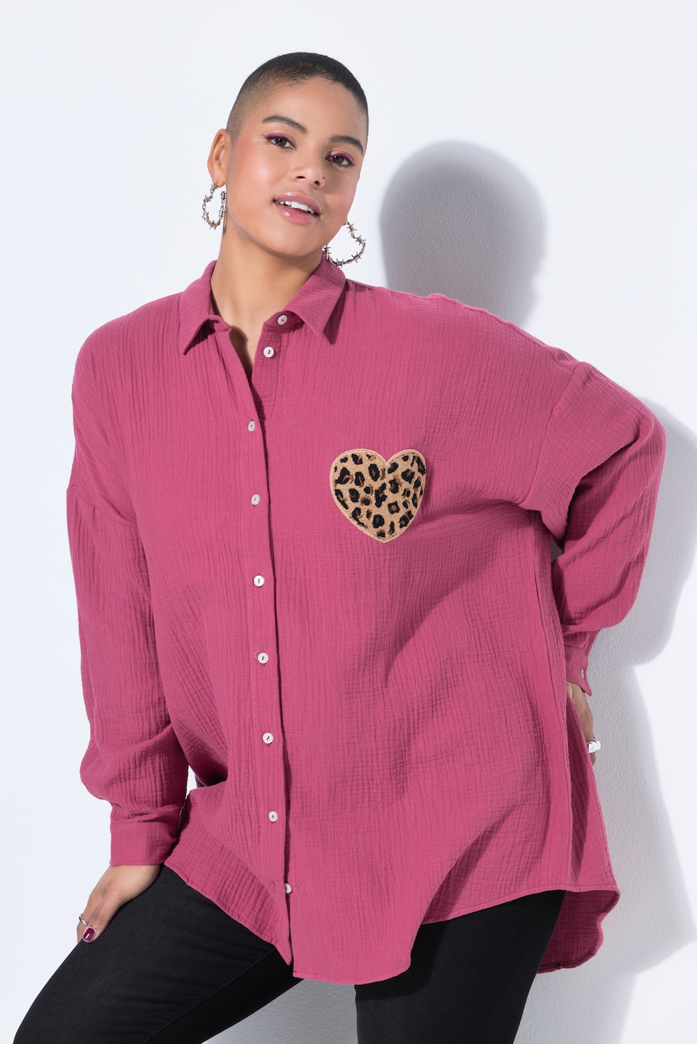 Hemdbluse, oversized, Musselin, Heart-Patch