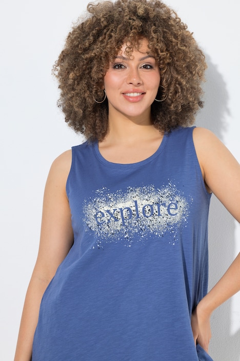 Top, áčkový střih, nápis EXPLORE, kulatý výstřih, bez rukávů