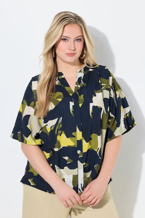 Blouse, oversized, tuniekhals, korte mouwen