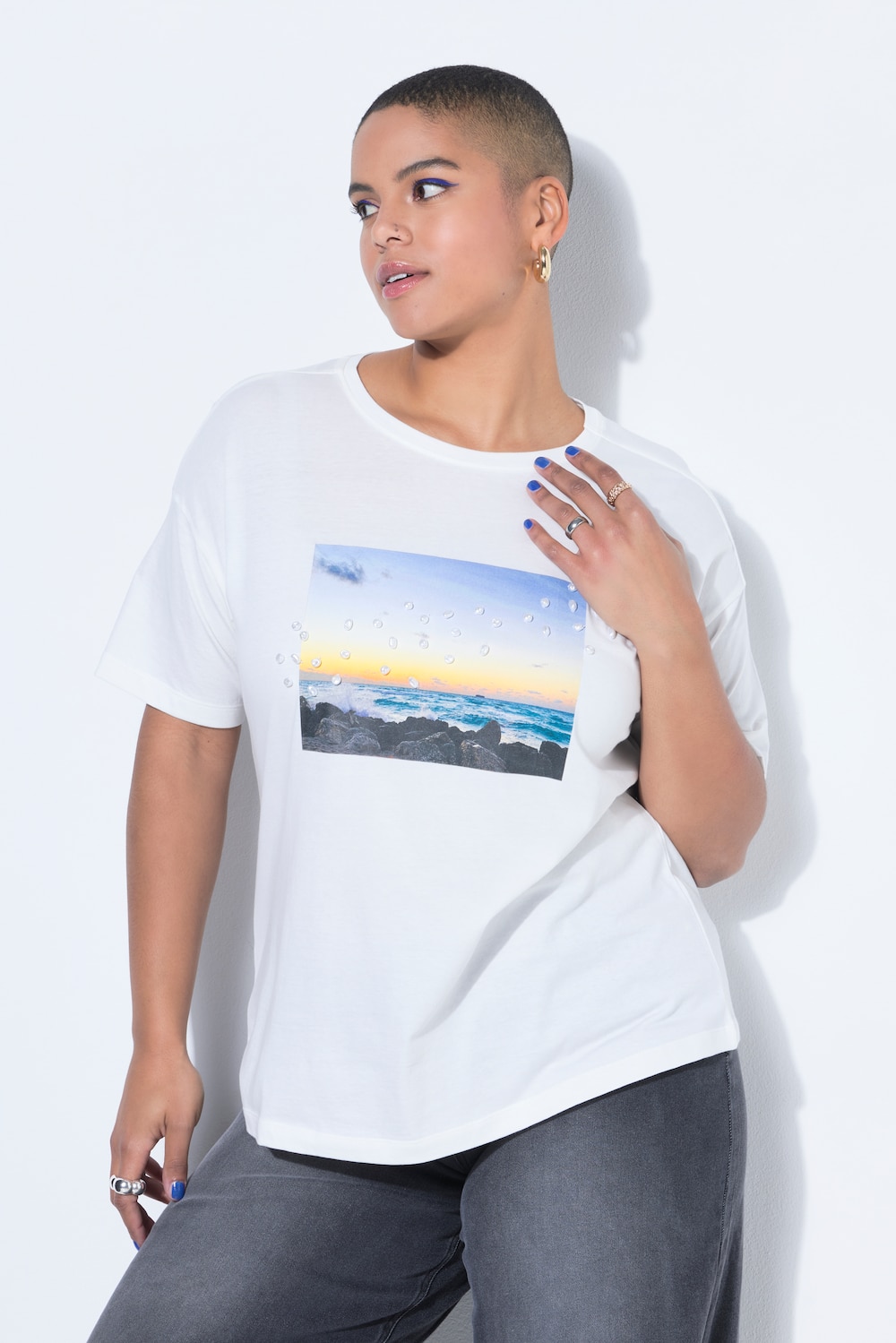 T-Shirt, oversized, Fotoprint, Zierperlen