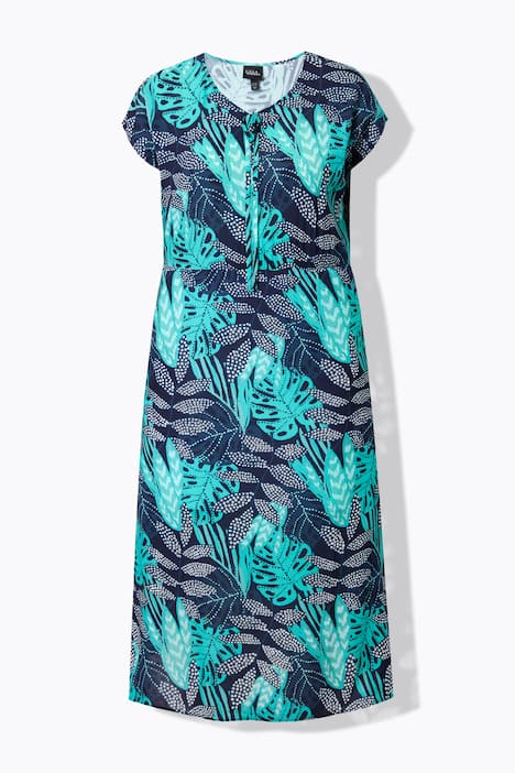 Midi-jurk, bladeren, A-lijn, V-hals, korte mouwen