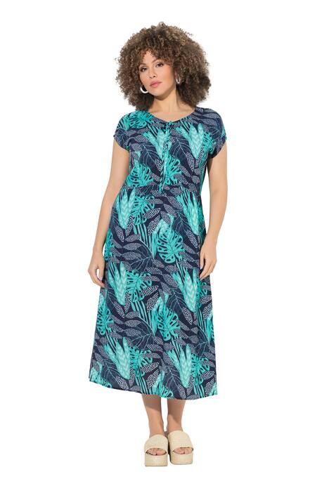 Midi šaty, listy, áčkový střih, V-výstřih, polo rukávy