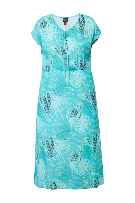 Midi šaty, listy, áčkový střih, V-výstřih, polo rukávy