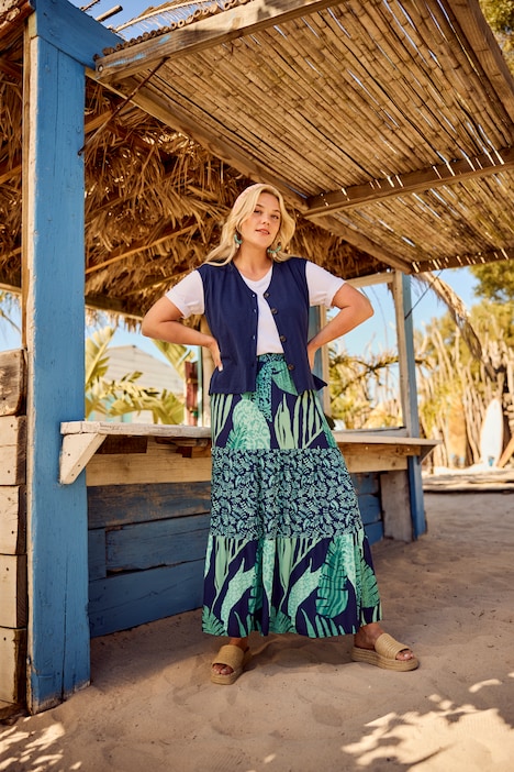 Spódnica maxi, liście, trapezowy krój, falbany, elastyczny pas