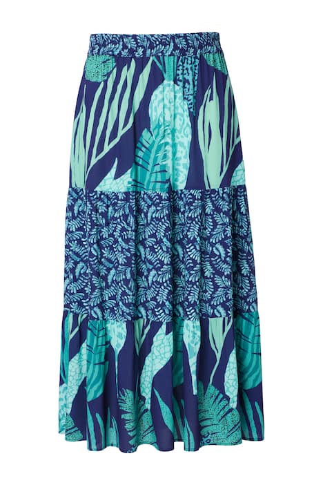 Maxi sukně, listy, áčkový střih, elastický pas, volánky