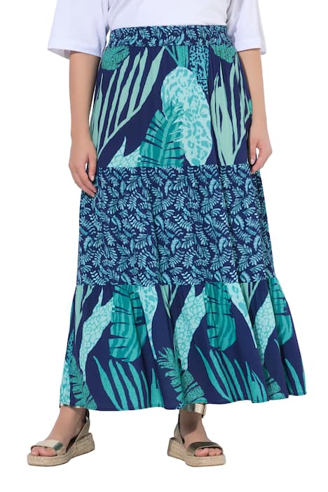 Maxi sukně, listy, áčkový střih, elastický pas, volánky