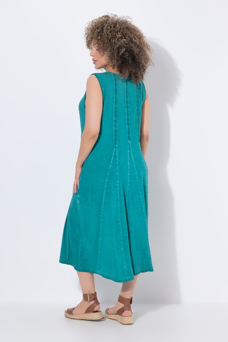 Vestido midi, cintas decorativas, pliegues godet, escote en V, sin mangas