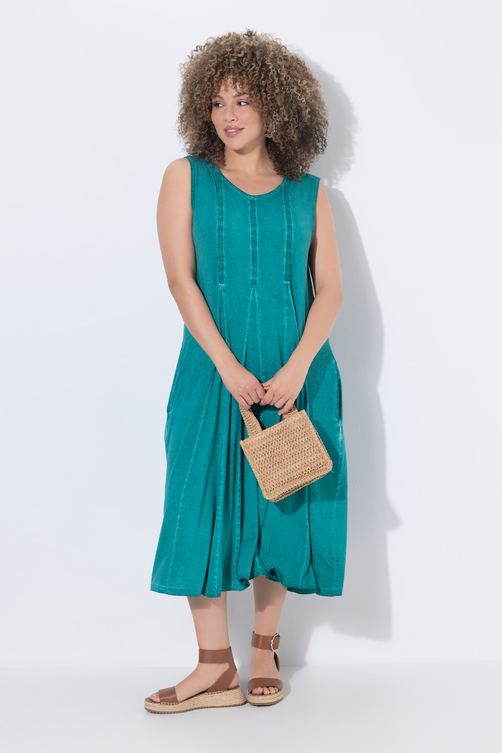 Midikleid, Zierbänder, Godetfalten, V-Ausschnitt, ärmellos