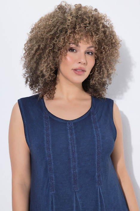 Vestido midi, cintas decorativas, pliegues godet, escote en V, sin mangas