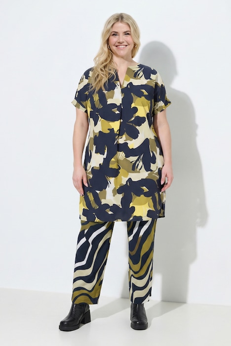 Robe imprimé abstrait, manches courtes et col tunisien