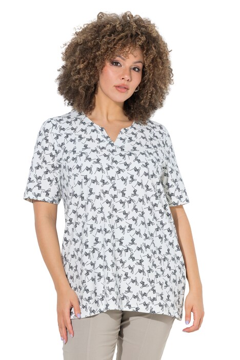 Tunika, barevný vzor, áčkový střih, tunikový výstřih, polodlouhý rukáv