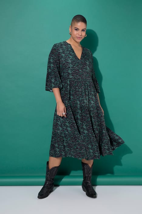 Maxi dress, A-line, camouflage, 3/4 sleeves