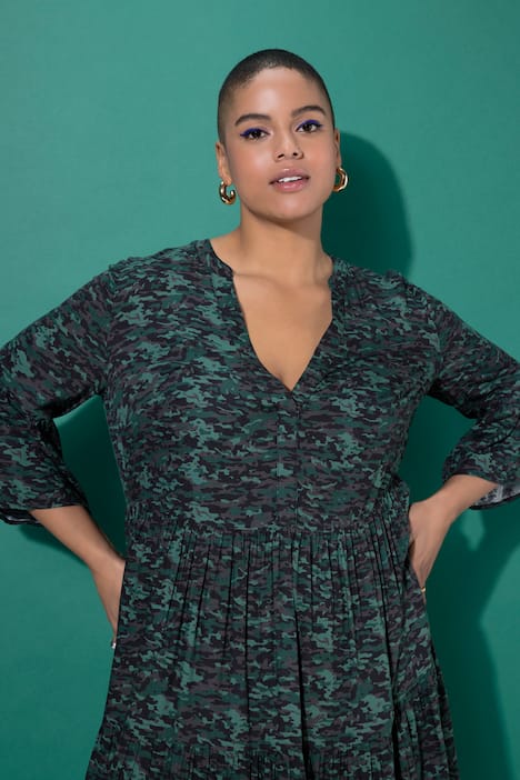 Maxi dress, A-line, camouflage, 3/4 sleeves