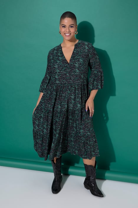 Maxi dress, A-line, camouflage, 3/4 sleeves