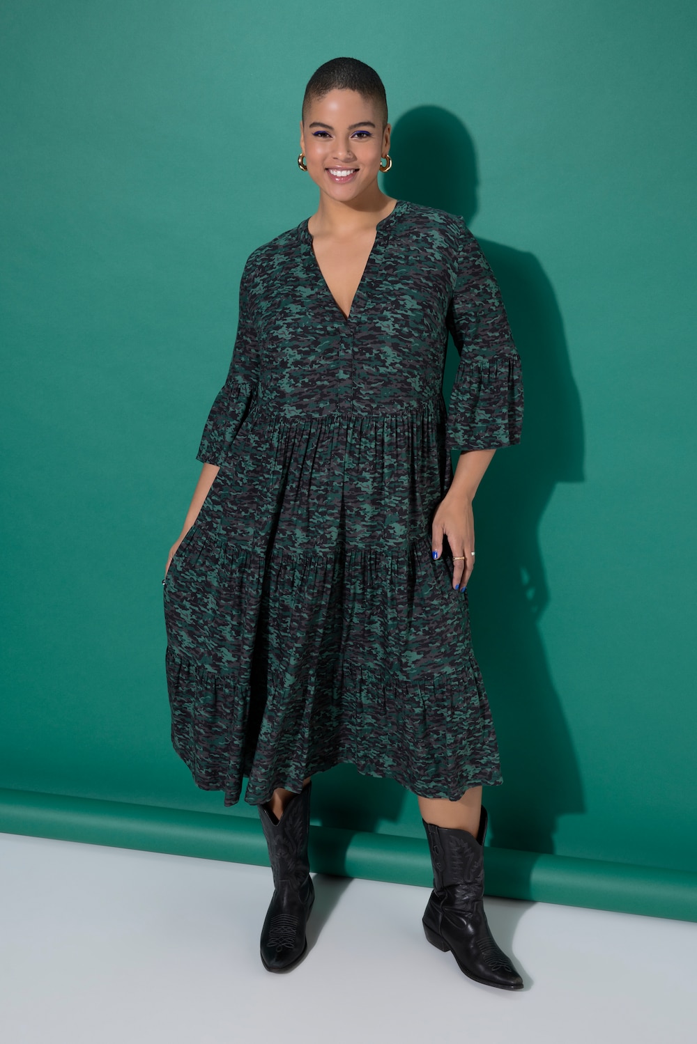 Maxi-jurk, A-lijn, camouflage, 3/4-mouwen