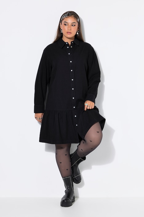 Robe oversize en jean, manches longues et larges et volant à la base