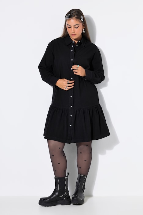 Robe oversize en jean, manches longues et larges et volant à la base