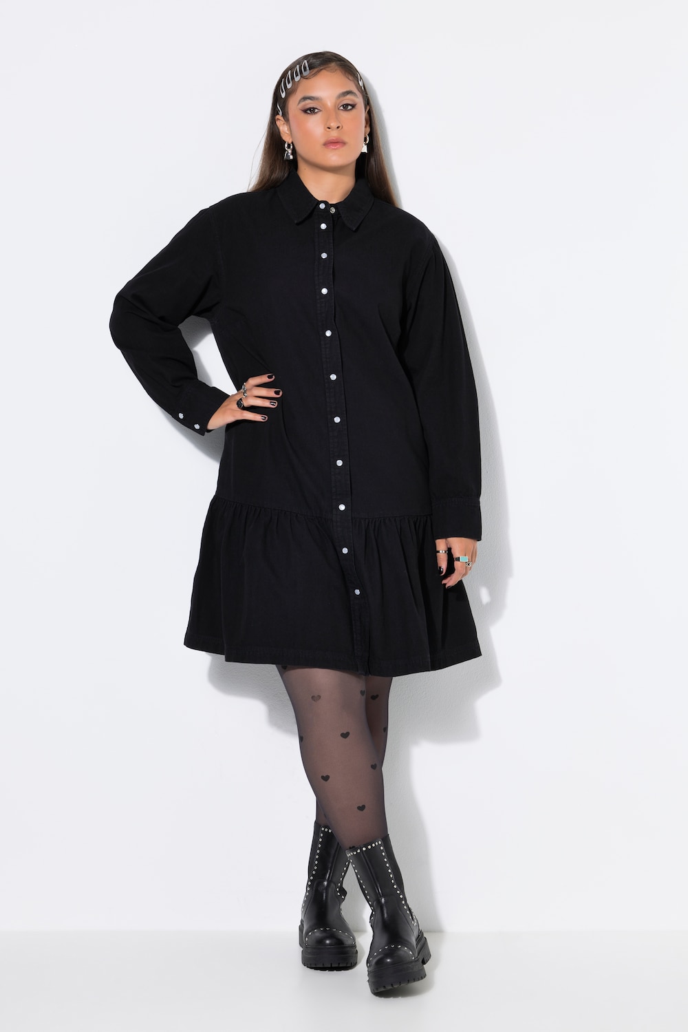 Jeansjurk, oversized, zoomvolant, wijde lange mouwen