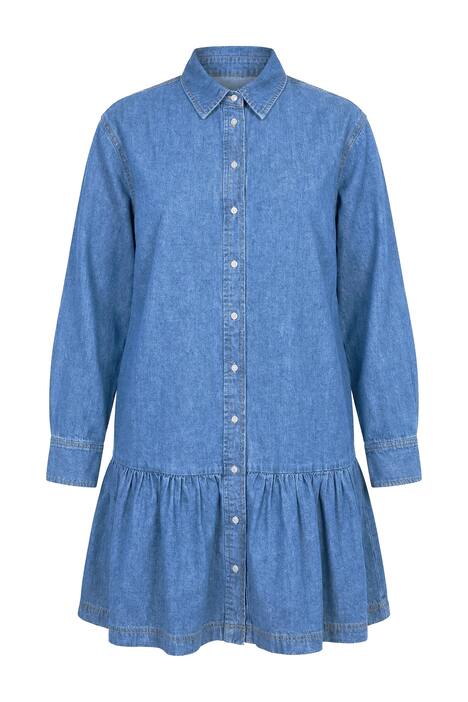Džínové šaty, oversize, volán na lemu, široké dlouhé rukávy