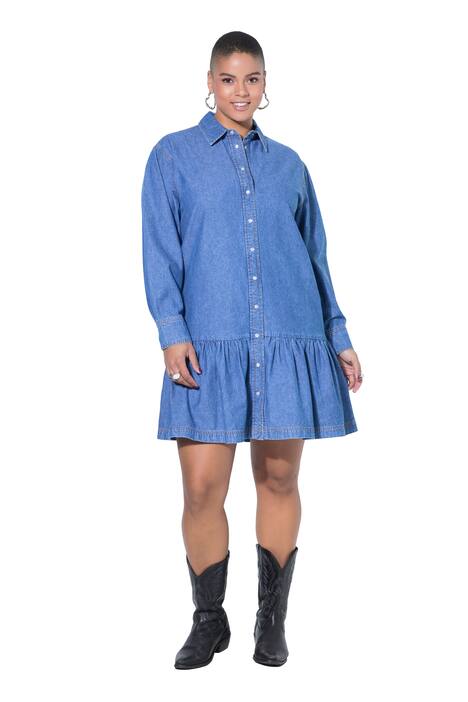 Džínové šaty, oversize, volán na lemu, široké dlouhé rukávy