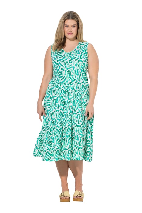 Midi šaty, diagonální volánky, áčkový střih, V výstřih, bez rukávů