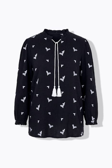 Bluse, A-Linie, Musselin mit Herz-Stickerei, Langarm