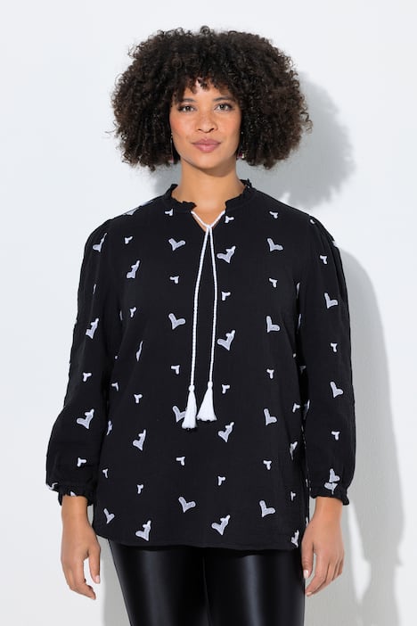 Bluse, A-Linie, Musselin mit Herz-Stickerei, Langarm