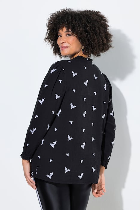 Bluse, A-Linie, Musselin mit Herz-Stickerei, Langarm
