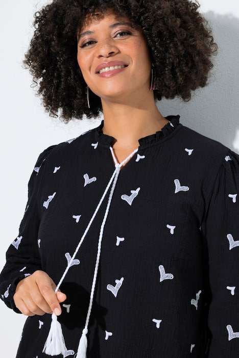 Bluse, A-Linie, Musselin mit Herz-Stickerei, Langarm