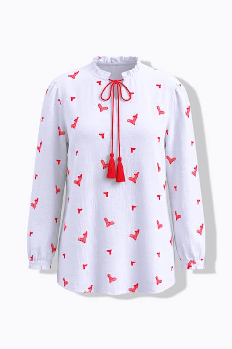 Bluse, A-Linie, Musselin mit Herz-Stickerei, Langarm
