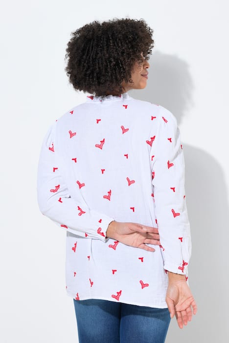 Bluse, A-Linie, Musselin mit Herz-Stickerei, Langarm