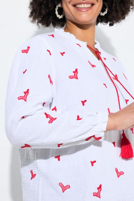 Bluse, A-Linie, Musselin mit Herz-Stickerei, Langarm