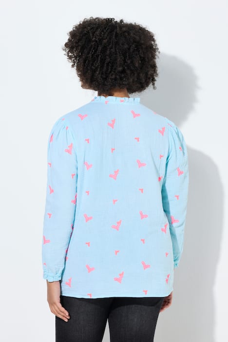 Bluse, A-Linie, Musselin mit Herz-Stickerei, Langarm