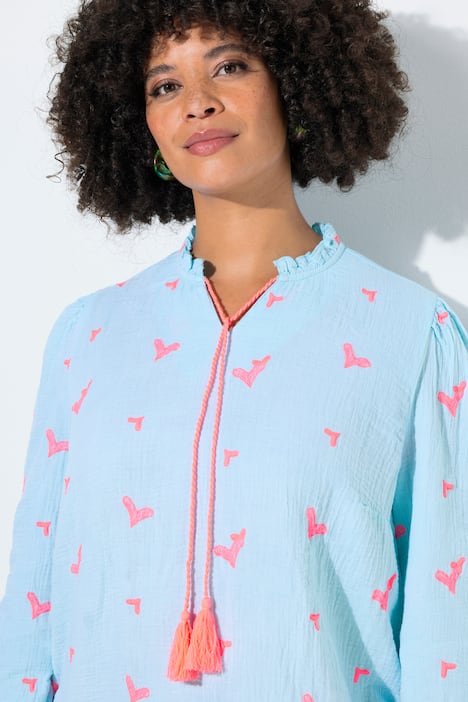 Bluse, A-Linie, Musselin mit Herz-Stickerei, Langarm
