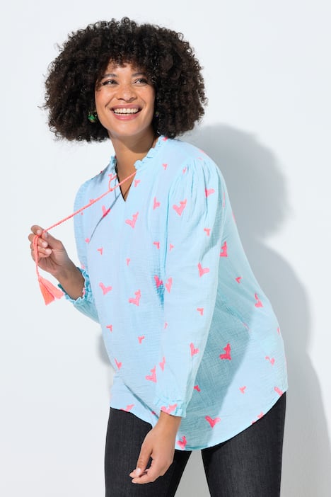 Bluse, A-Linie, Musselin mit Herz-Stickerei, Langarm